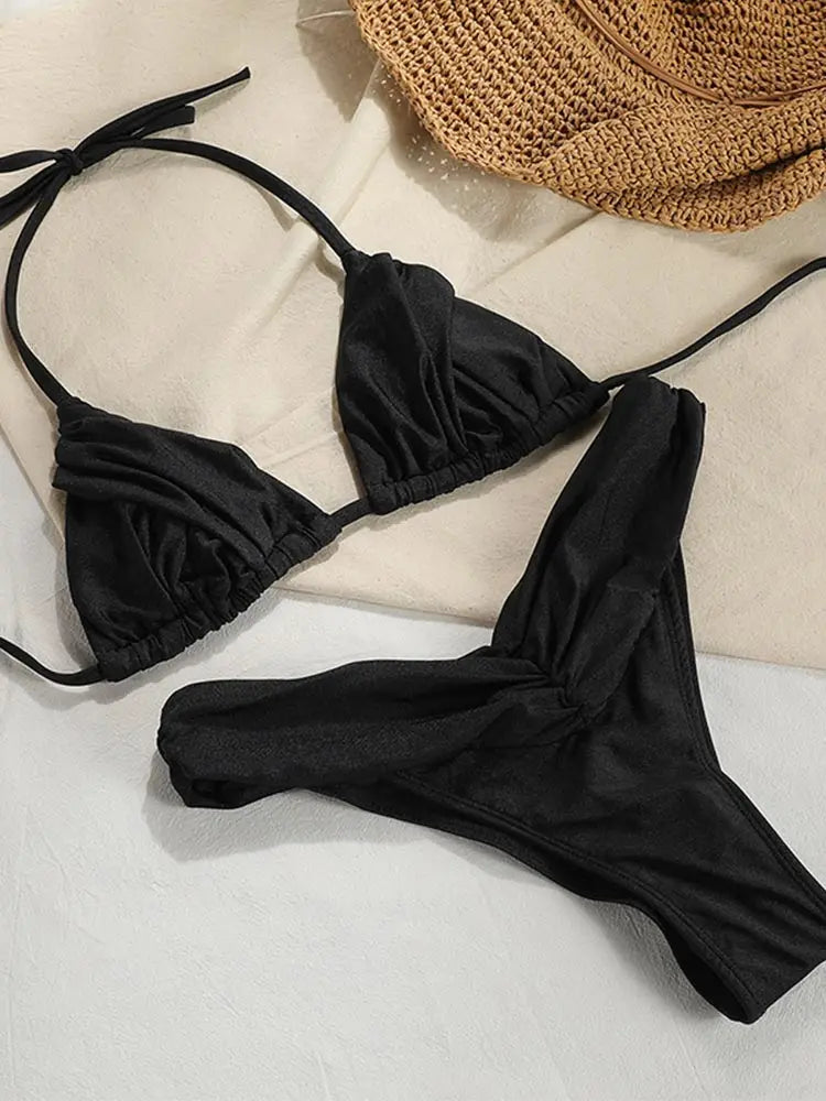 Pleated Brazilian Folds Bikini Set, Sexy Micro Bikinis, 2023 Women Swimsuit, Female Triangle Swimwear, Beach Wear Bathing Suit - 3KDyn